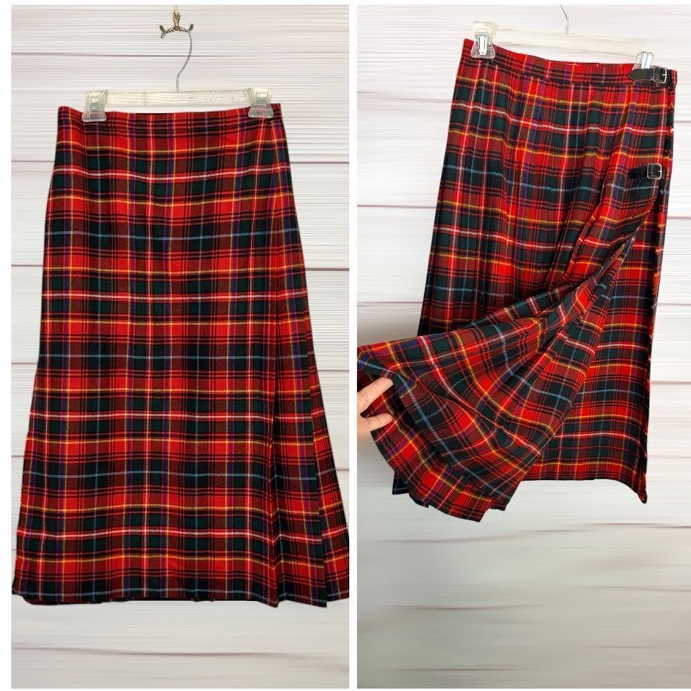 Vintage Wool Tartan Kilt Wrap Long Skirt  Plaid Red Green The Scotch House 4-6